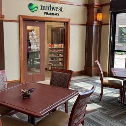 Midwest Pharmacy is located next to Vista Cafe at Midwest Medical Center in Galena Illinois. Photo of Pharmacy doors.