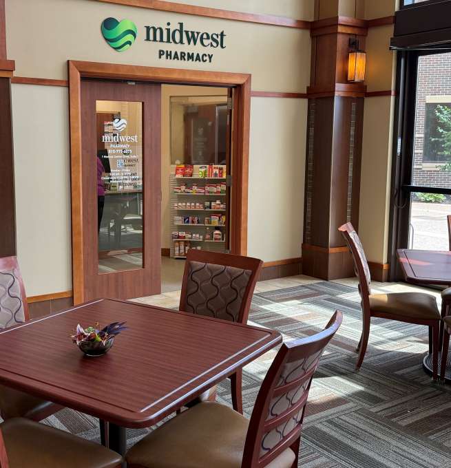 Midwest Pharmacy is located next to Vista Cafe at Midwest Medical Center in Galena Illinois. Photo of Pharmacy doors.